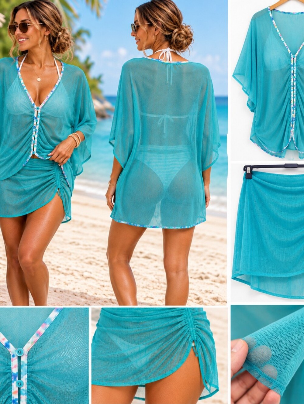 NWT Amiani Resort Fashion 2-Piece Swim Cover-Up Turquoise Beachcore Resortcore